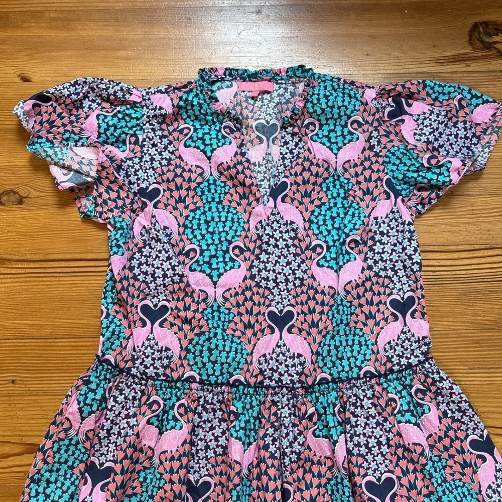 Simply Southern Dress Women Pink‎ Teal Flamingo Floral Drop Waist Boho SIZE M - Picture 2 of 7
